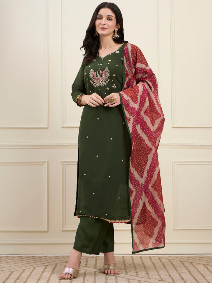 Green Mal Chanderi Lining Kurta Dupatta Pant Set