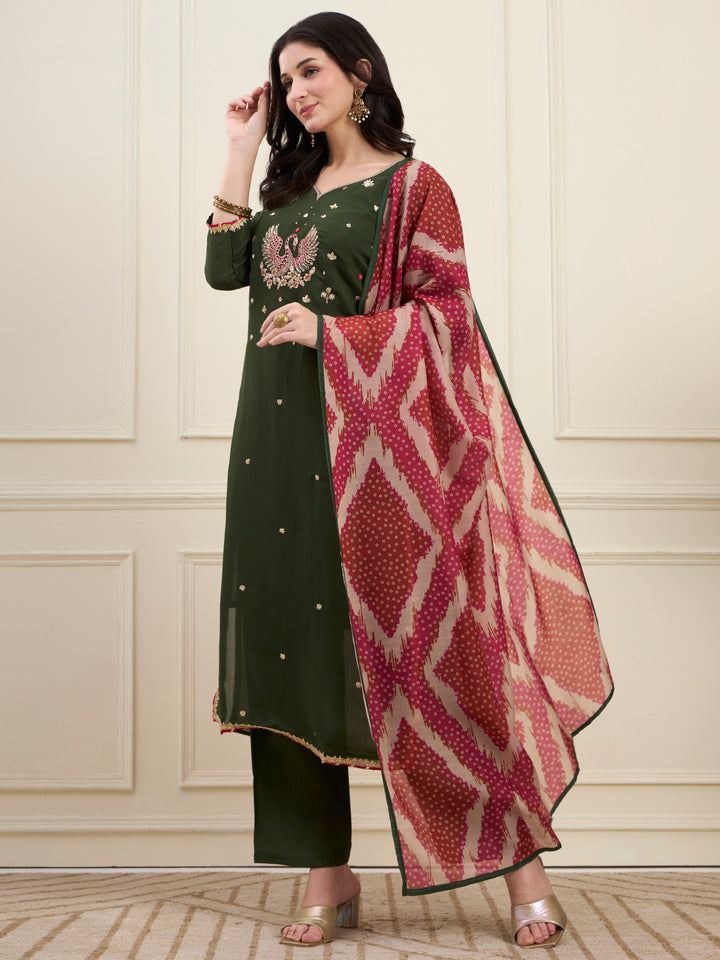 Green Mal Chanderi Lining Kurta Dupatta Pant Set