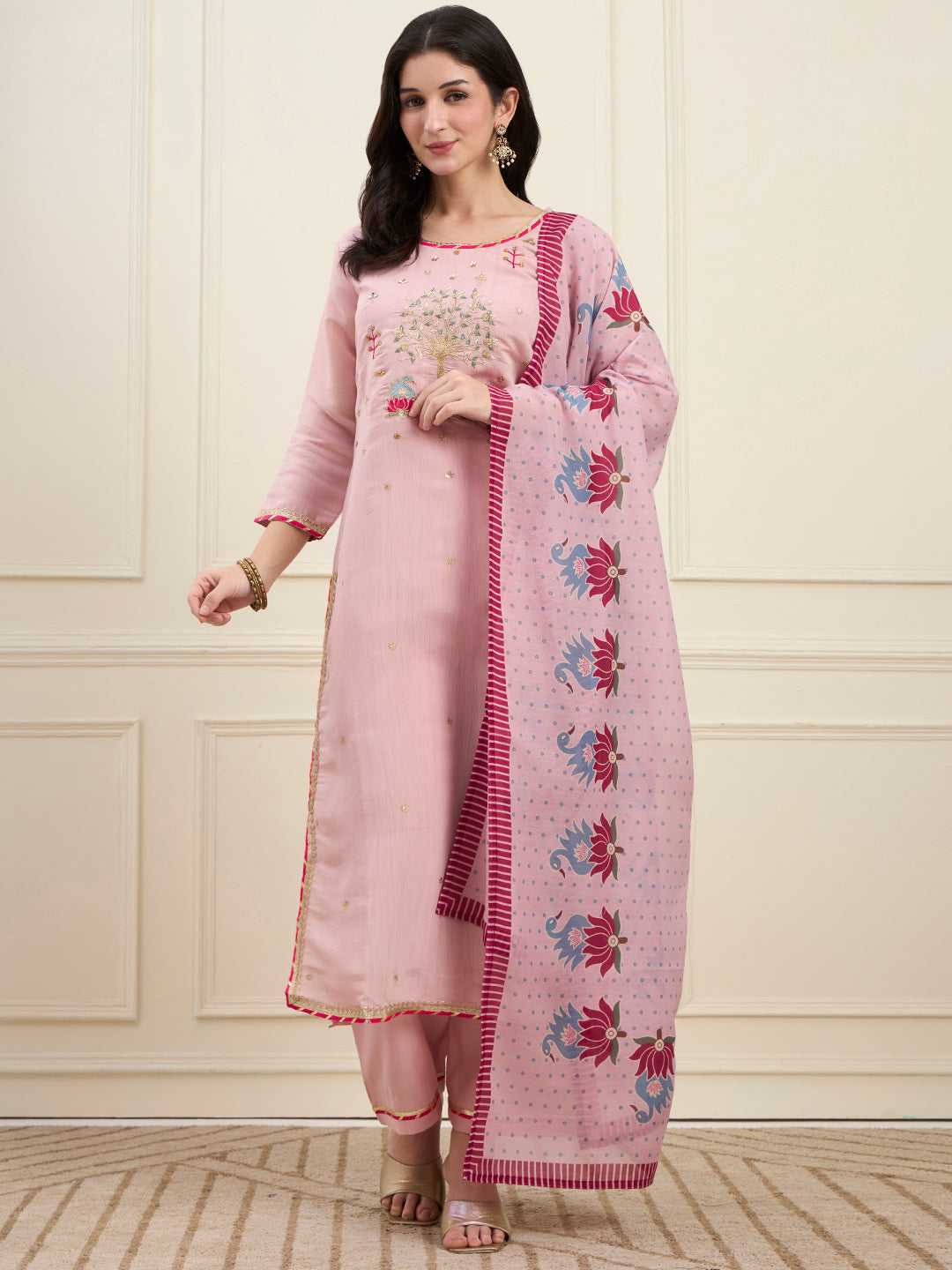 Pink Mal Chanderi Lining Kurta Dupatta Pant Set