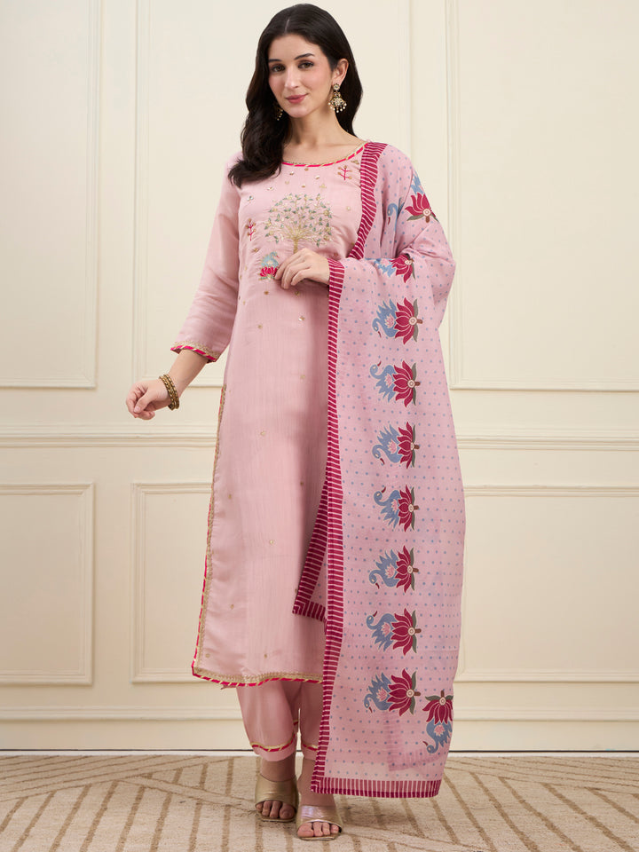 Pink Mal Chanderi Lining Kurta Dupatta Pant Set