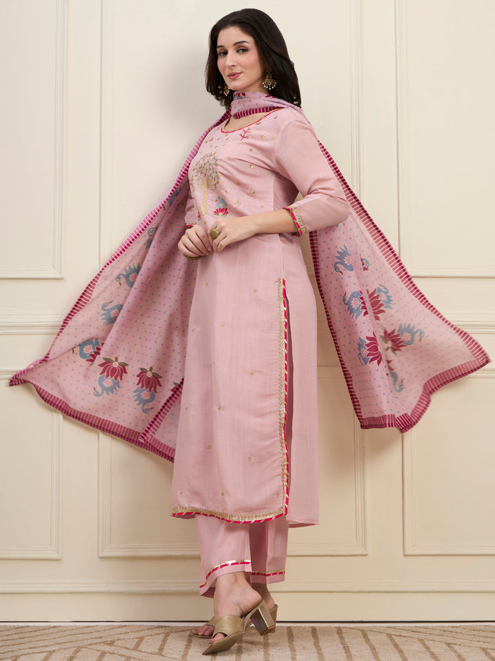 Pink Mal Chanderi Lining Kurta Dupatta Pant Set