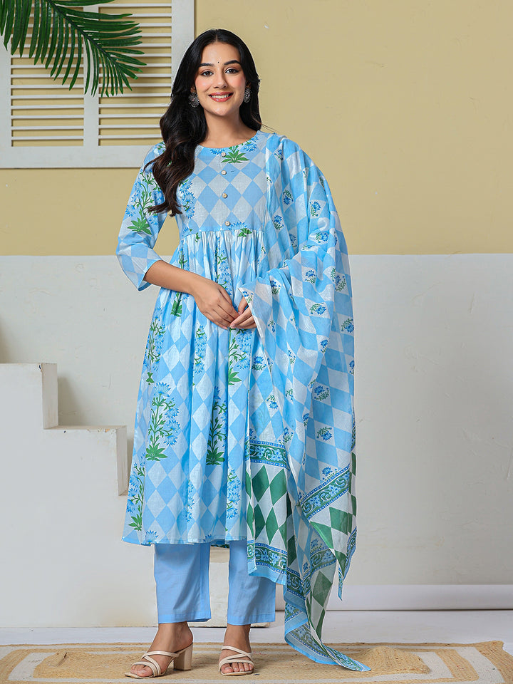Blue Pure Cotton Maternity Kurta Pant With Dupatta Set