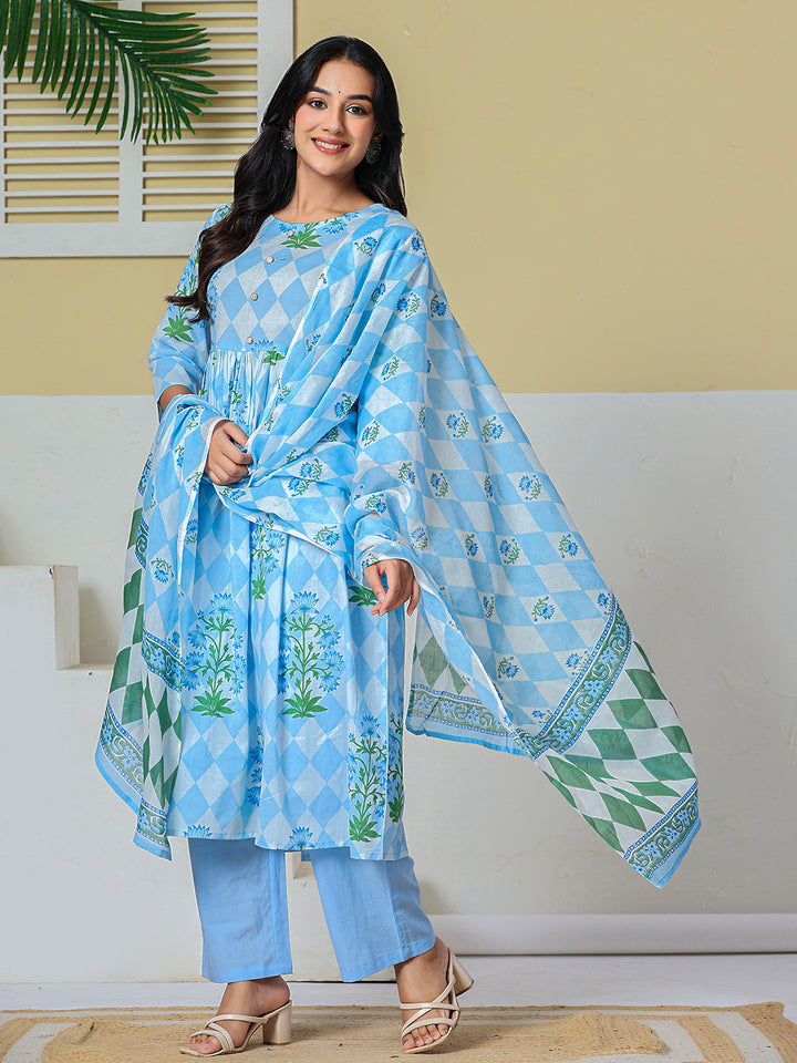 Blue Pure Cotton Maternity Kurta Pant With Dupatta Set