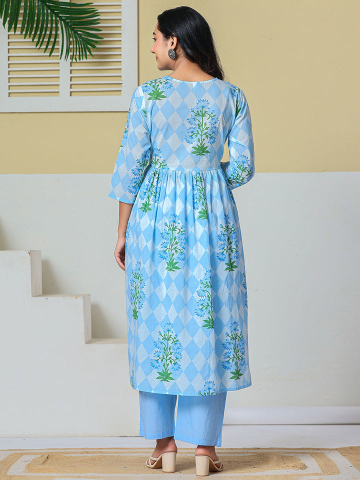 Blue Pure Cotton Maternity Kurta Pant With Dupatta Set