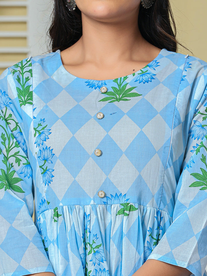 Blue Pure Cotton Maternity Kurta Pant With Dupatta Set