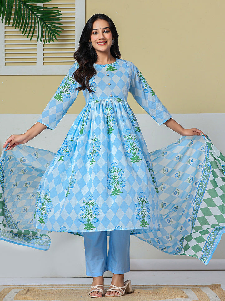 Blue Pure Cotton Maternity Kurta Pant With Dupatta Set