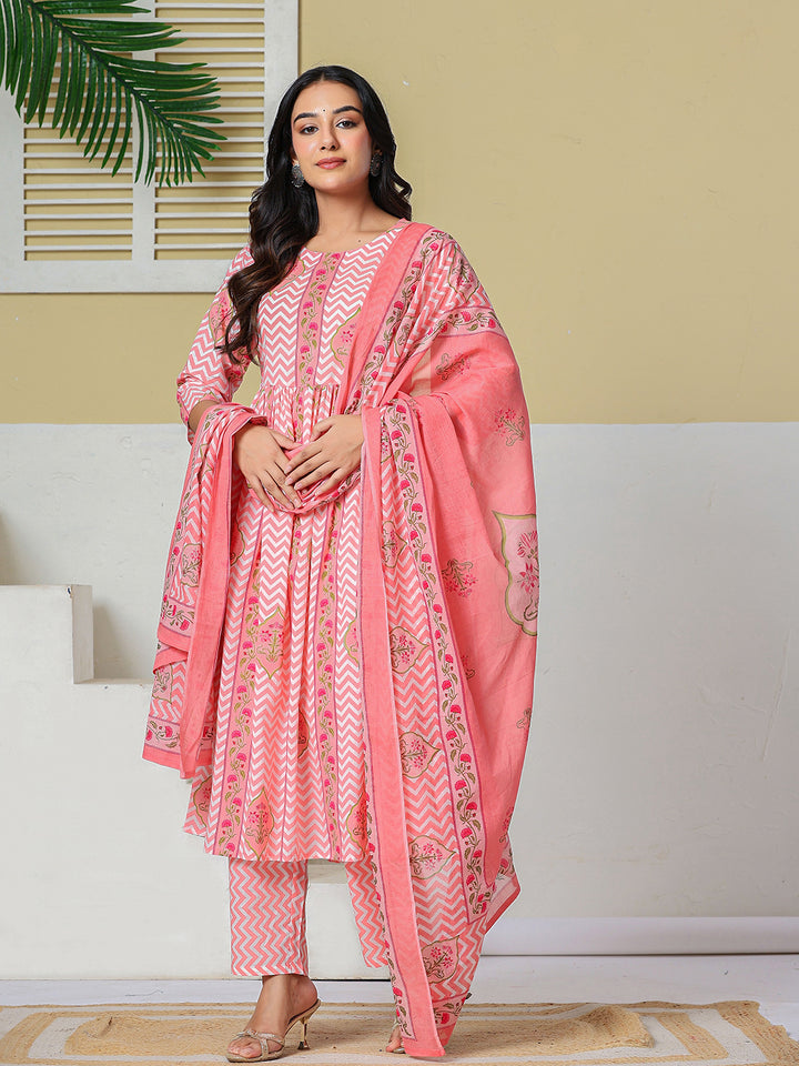 Pink Pure Cotton Maternity Kurta Pant With Dupatta Set