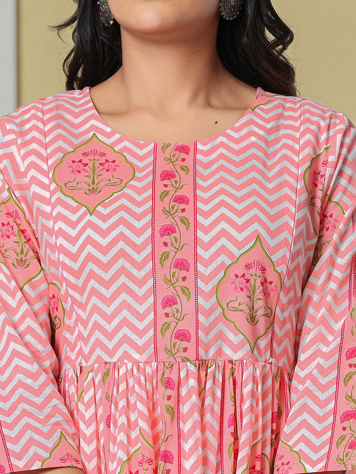 Pink Pure Cotton Maternity Kurta Pant With Dupatta Set