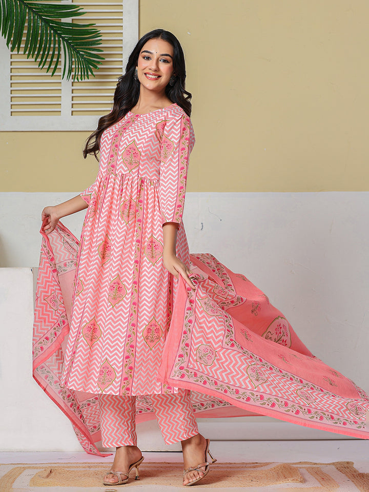 Pink Pure Cotton Maternity Kurta Pant With Dupatta Set