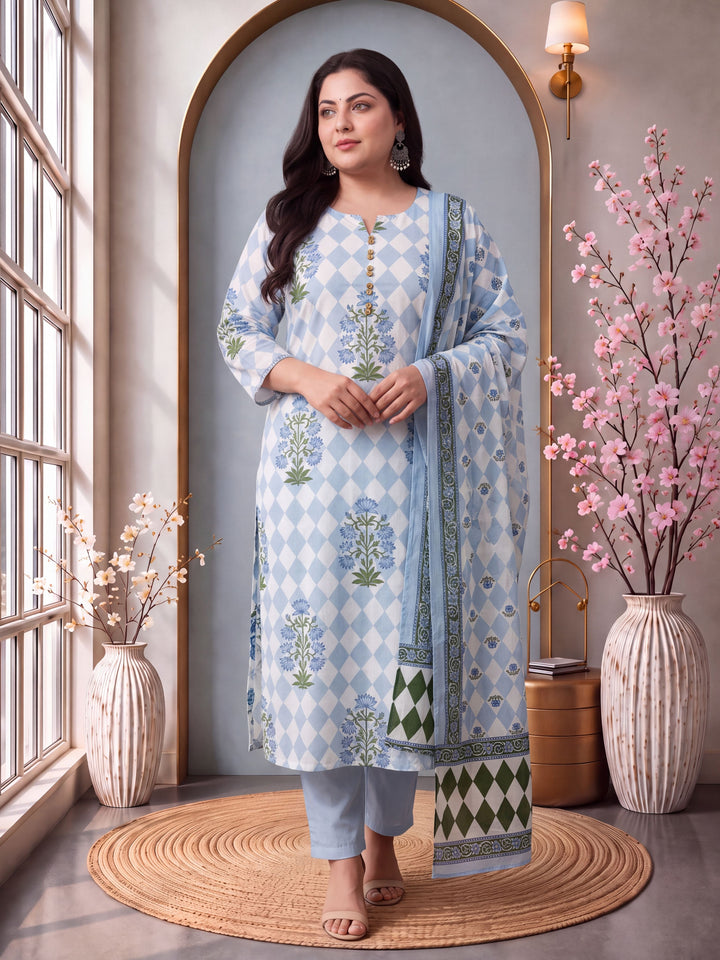 Blue Cotton Straight Plus Size Kurta Pant Dupatta Set