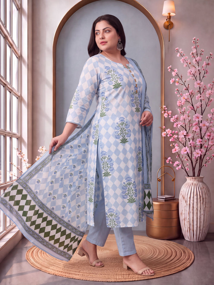 Blue Cotton Straight Plus Size Kurta Pant Dupatta Set