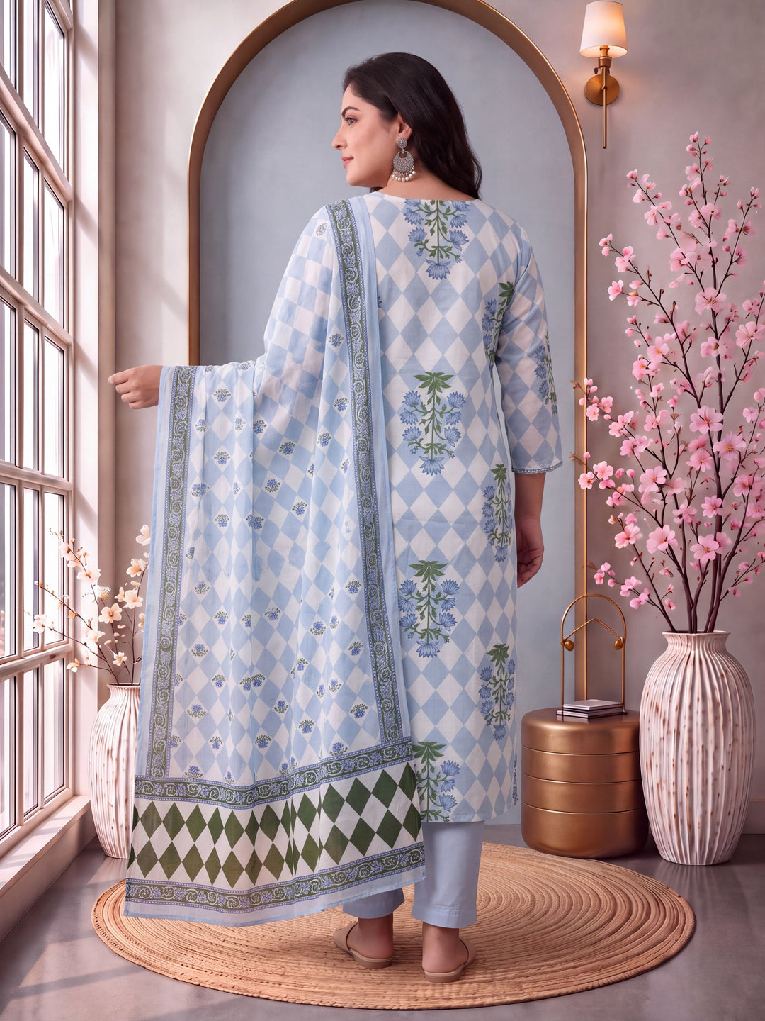 Blue Cotton Straight Plus Size Kurta Pant Dupatta Set