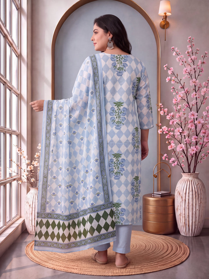 Blue Cotton Straight Plus Size Kurta Pant Dupatta Set