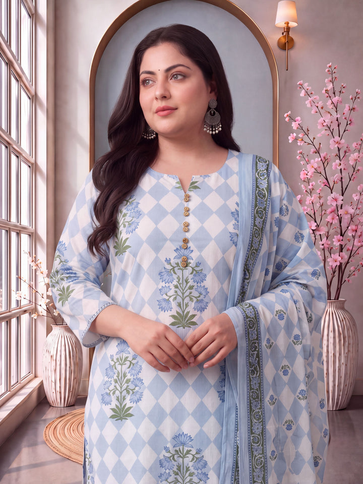 Blue Cotton Straight Plus Size Kurta Pant Dupatta Set