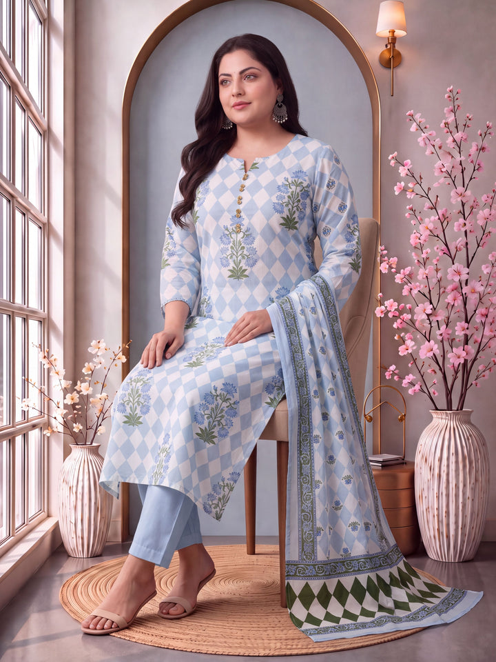 Blue Cotton Straight Plus Size Kurta Pant Dupatta Set