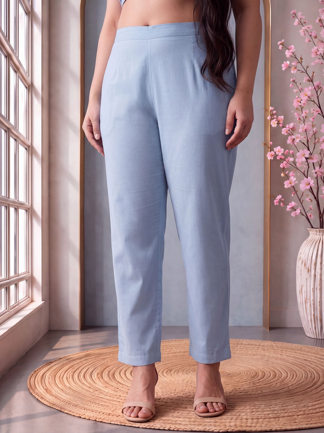 Blue Cotton Straight Plus Size Kurta Pant Dupatta Set