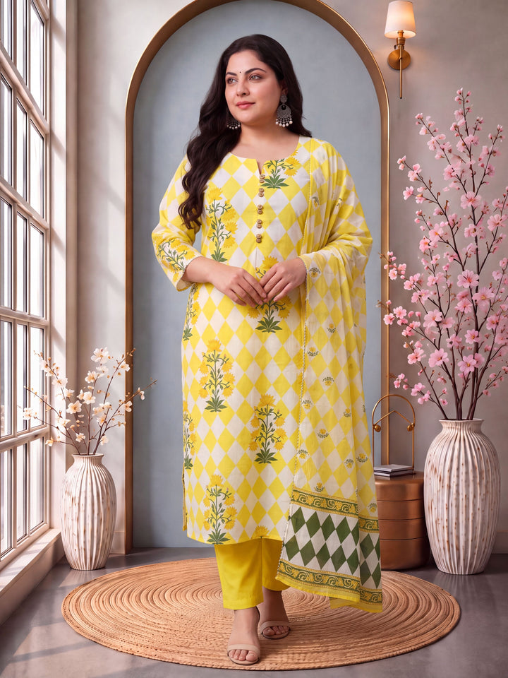 Yellow Cotton Straight Plus Size Kurta Pant Dupatta Set
