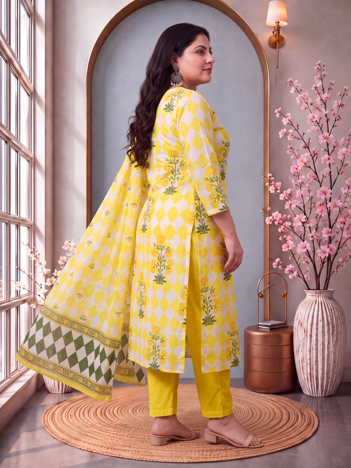Yellow Cotton Straight Plus Size Kurta Pant Dupatta Set