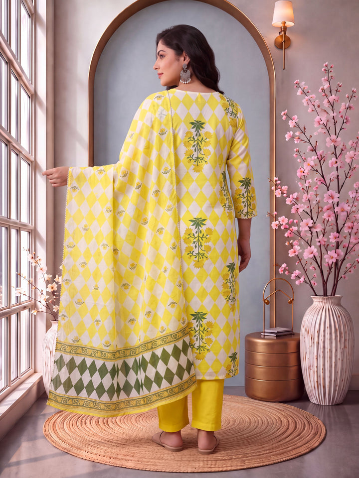 Yellow Cotton Straight Plus Size Kurta Pant Dupatta Set