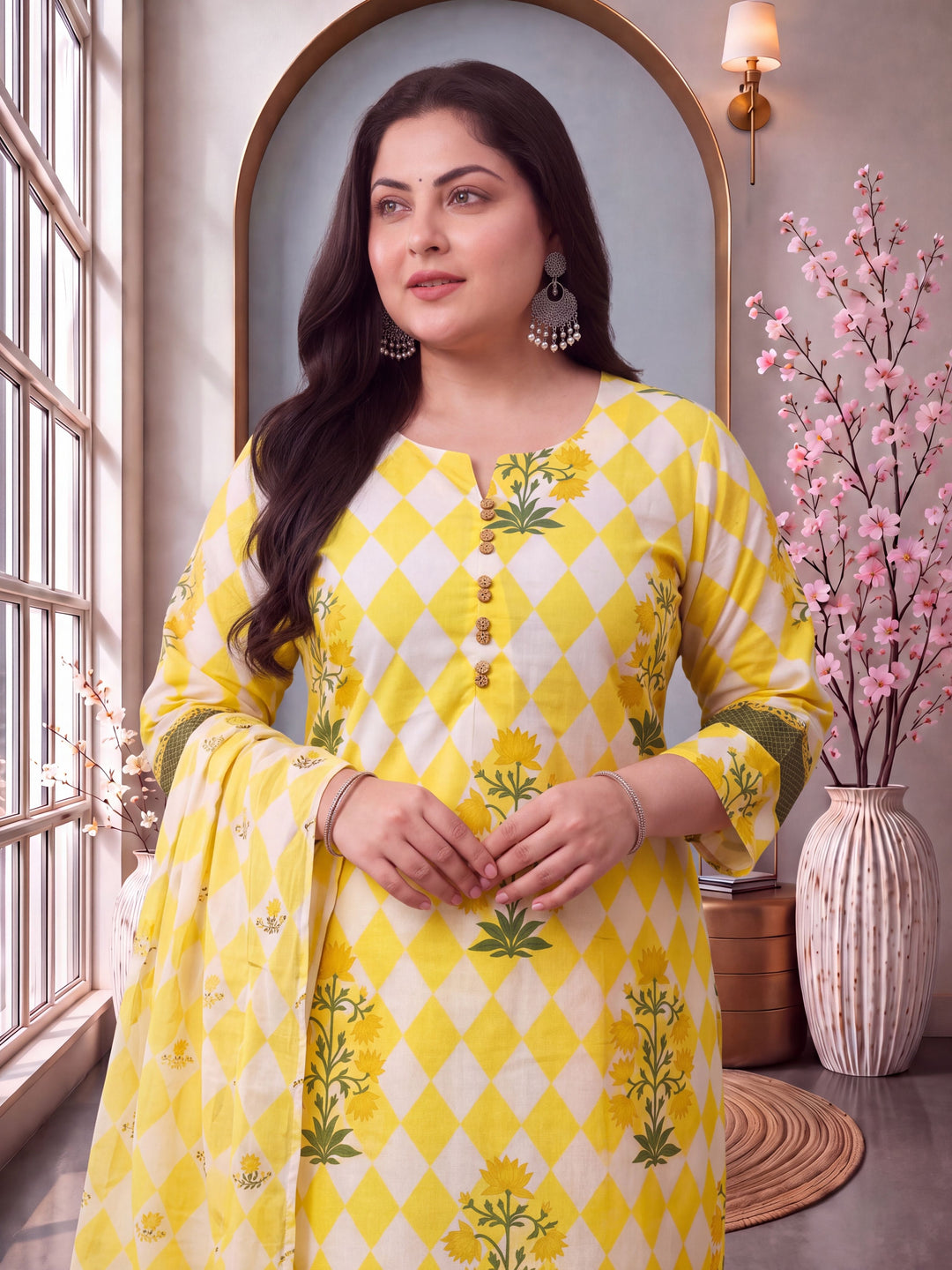 Yellow Cotton Straight Plus Size Kurta Pant Dupatta Set