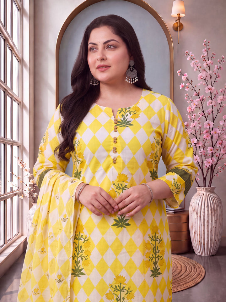 Yellow Cotton Straight Plus Size Kurta Pant Dupatta Set