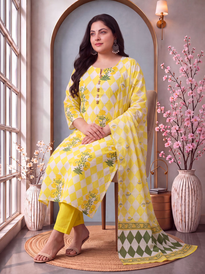 Yellow Cotton Straight Plus Size Kurta Pant Dupatta Set