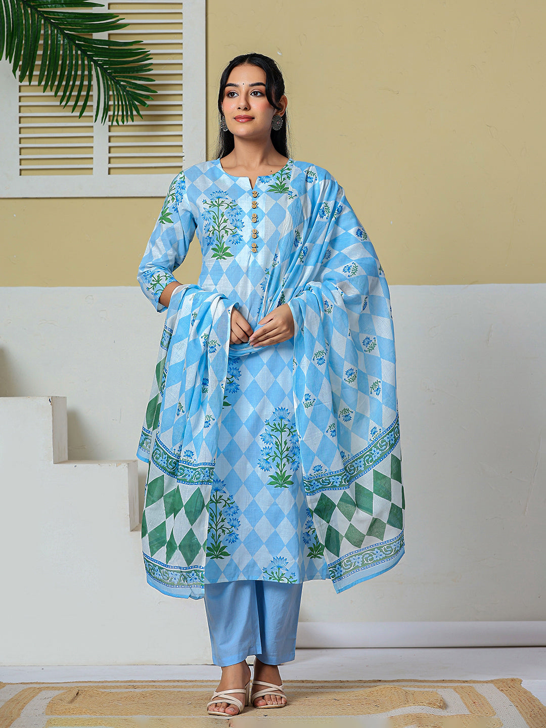Blue Cotton Straight Kurta Pant Dupatta Set