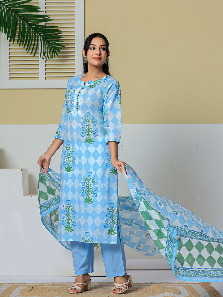 Blue Cotton Straight Kurta Pant Dupatta Set