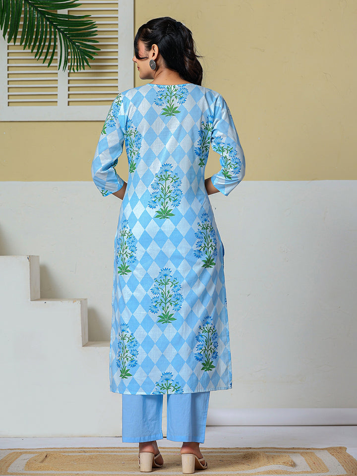 Blue Cotton Straight Kurta Pant Dupatta Set