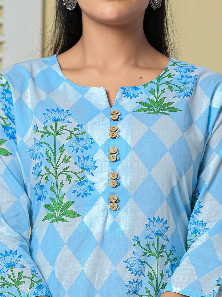 Blue Cotton Straight Kurta Pant Dupatta Set