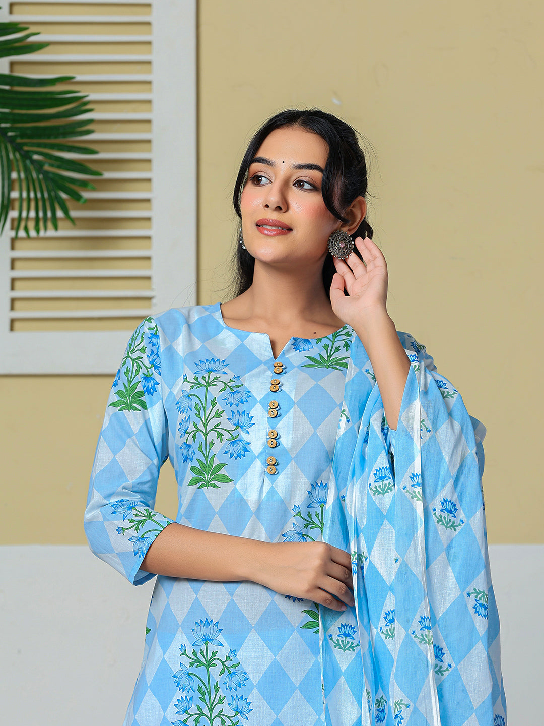 Blue Cotton Straight Kurta Pant Dupatta Set