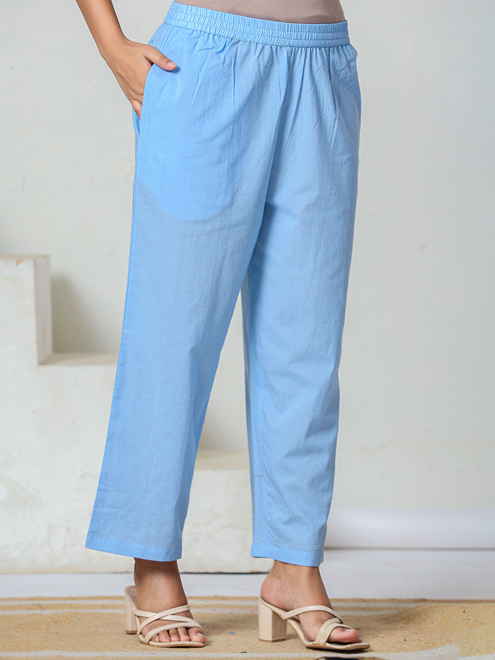 Blue Cotton Straight Kurta Pant Dupatta Set