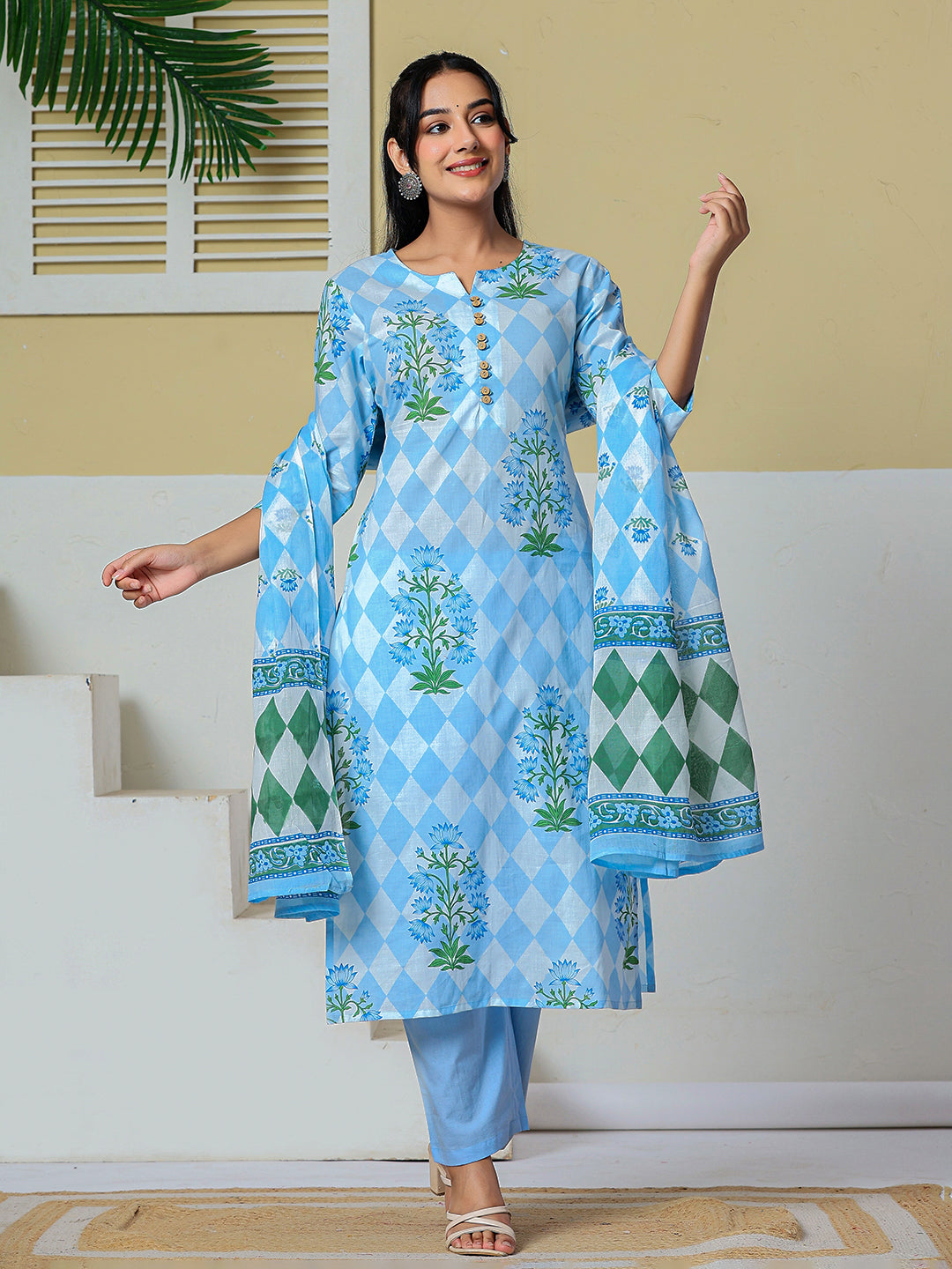 Blue Cotton Straight Kurta Pant Dupatta Set