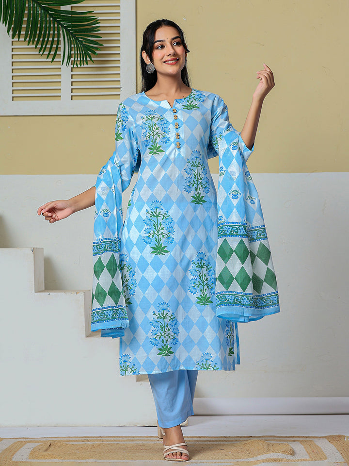 Blue Cotton Straight Kurta Pant Dupatta Set