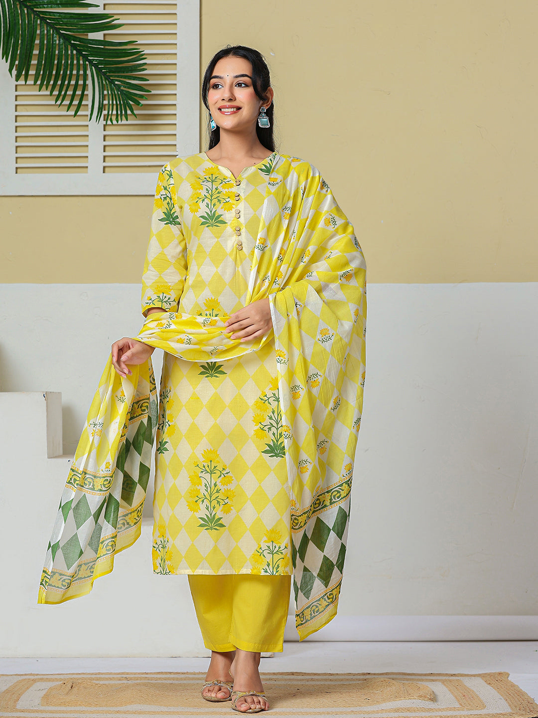 Yellow Cotton Straight Kurta Pant Dupatta Set