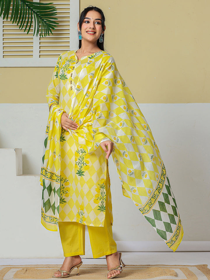 Yellow Cotton Straight Kurta Pant Dupatta Set