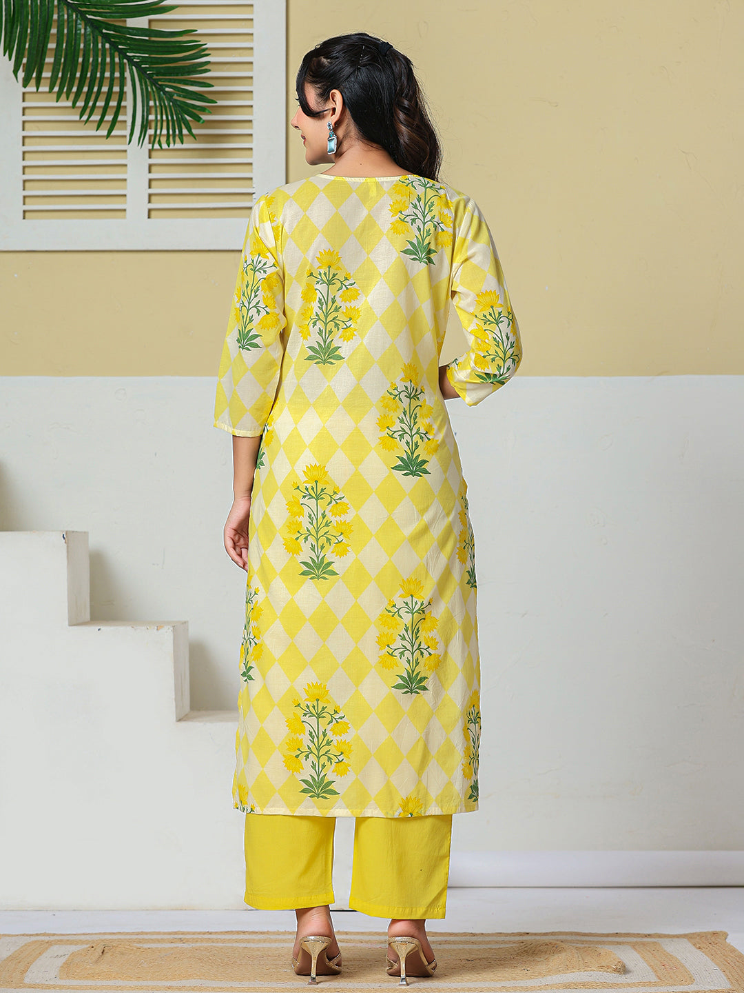 Yellow Cotton Straight Kurta Pant Dupatta Set