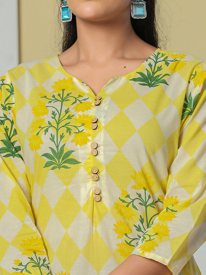 Yellow Cotton Straight Kurta Pant Dupatta Set