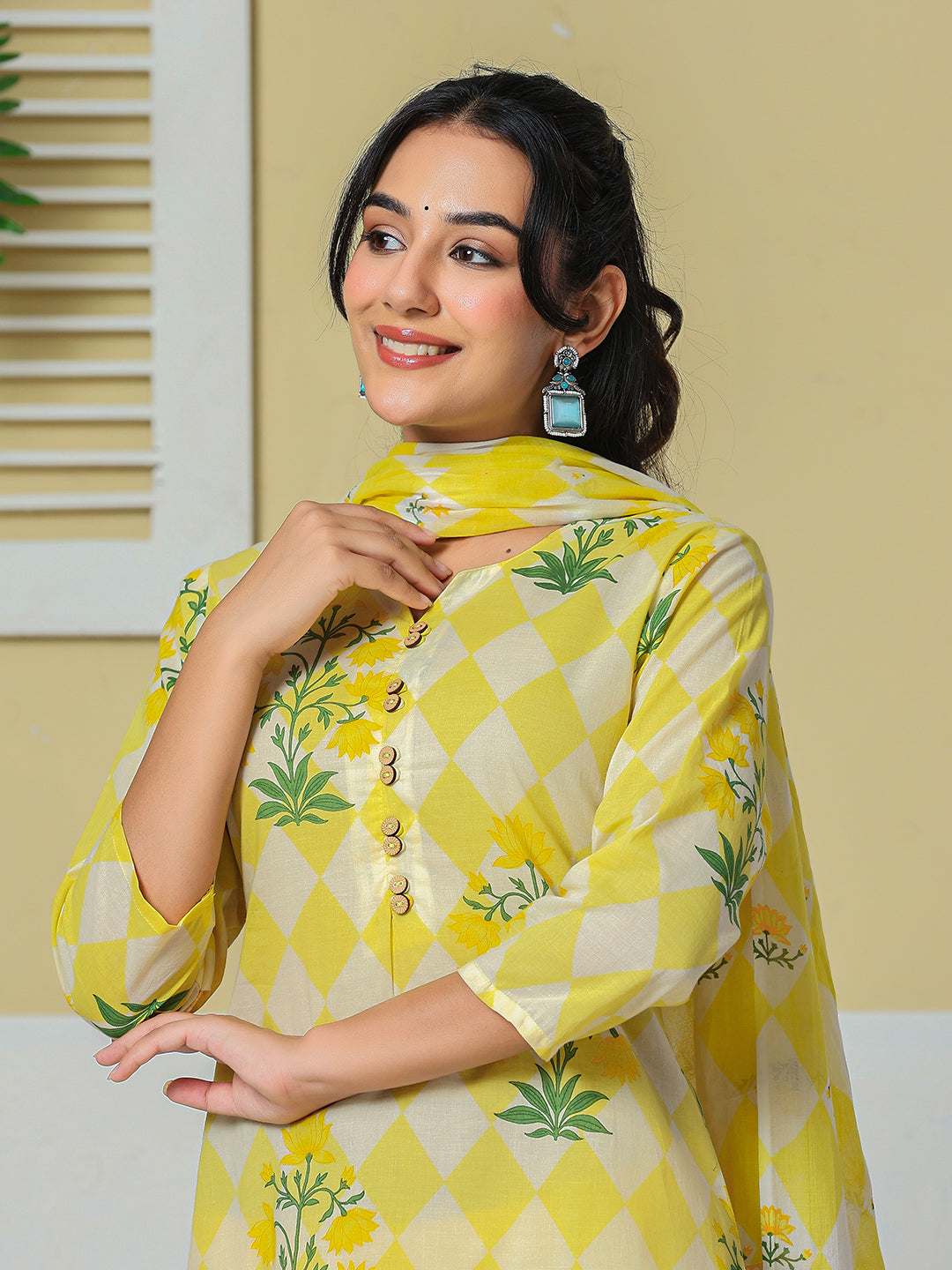 Yellow Cotton Straight Kurta Pant Dupatta Set