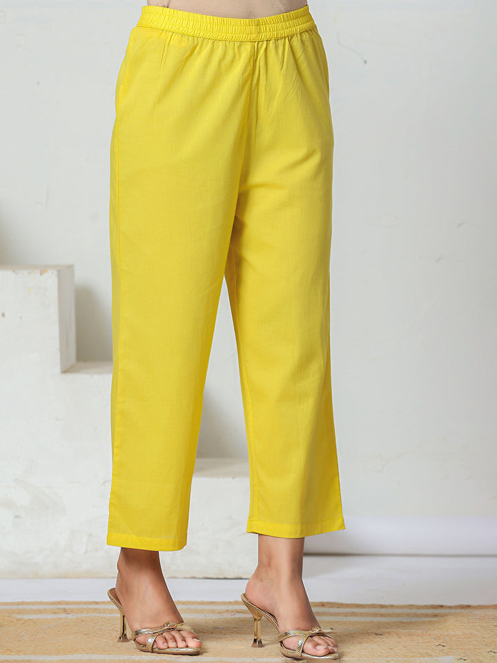 Yellow Cotton Straight Kurta Pant Dupatta Set