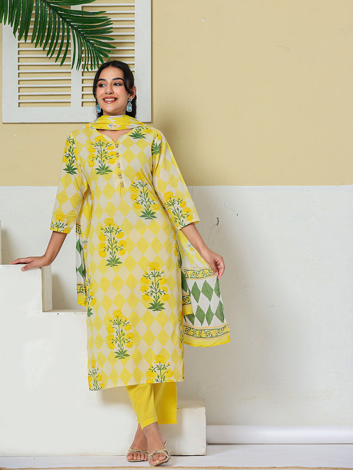 Yellow Cotton Straight Kurta Pant Dupatta Set