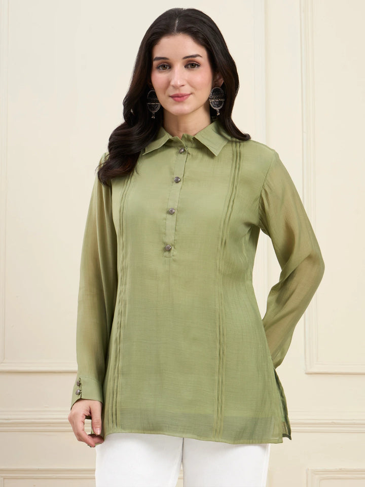 Green Mul Chanderi Pintuck Style Shirt