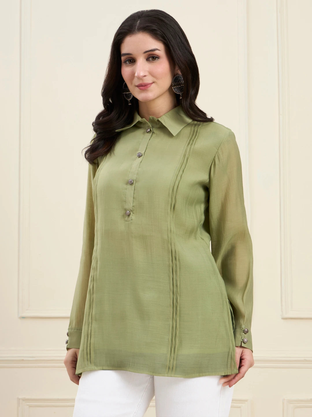 Green Mul Chanderi Pintuck Style Shirt