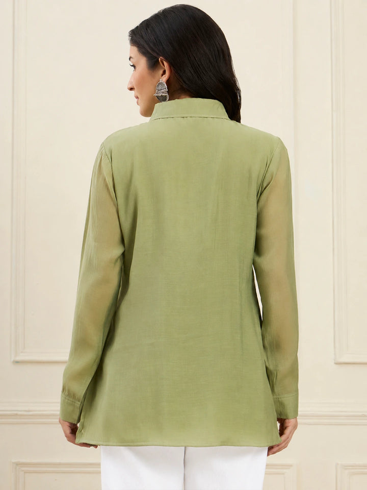 Green Mul Chanderi Pintuck Style Shirt