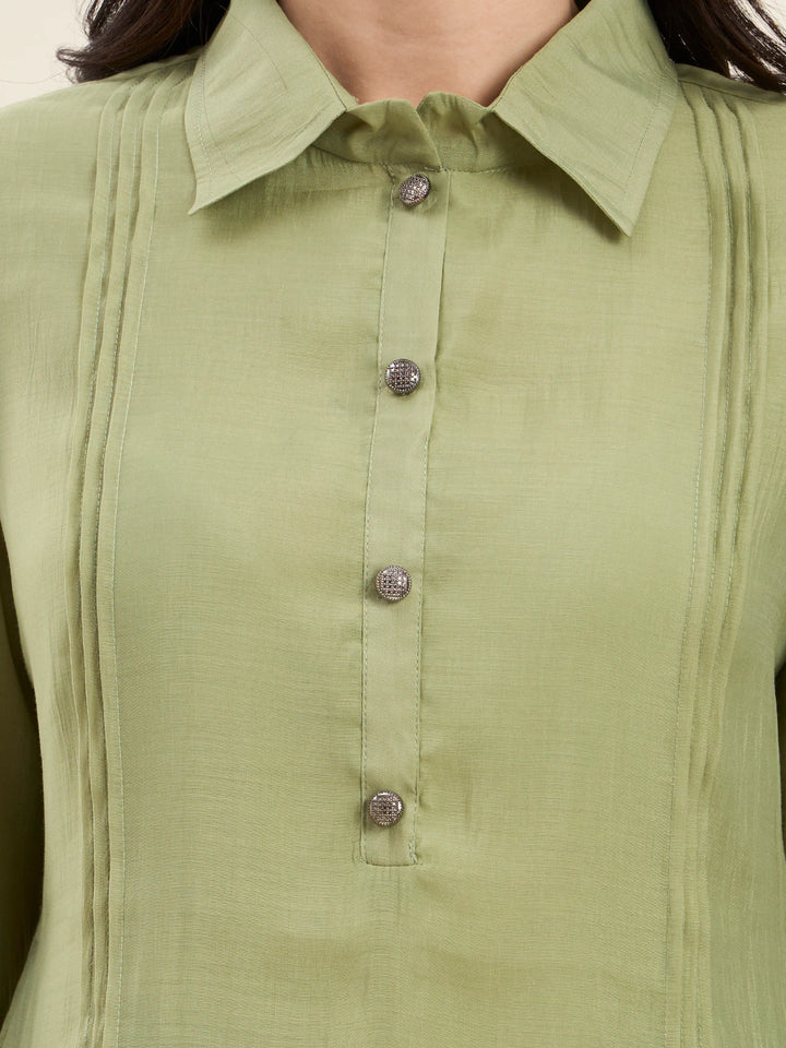 Green Mul Chanderi Pintuck Style Shirt