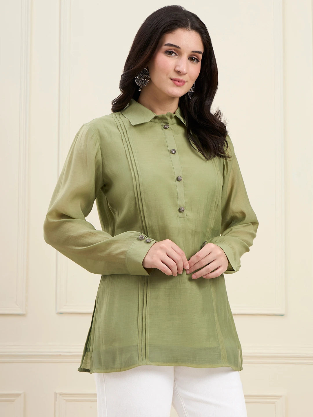 Green Mul Chanderi Pintuck Style Shirt