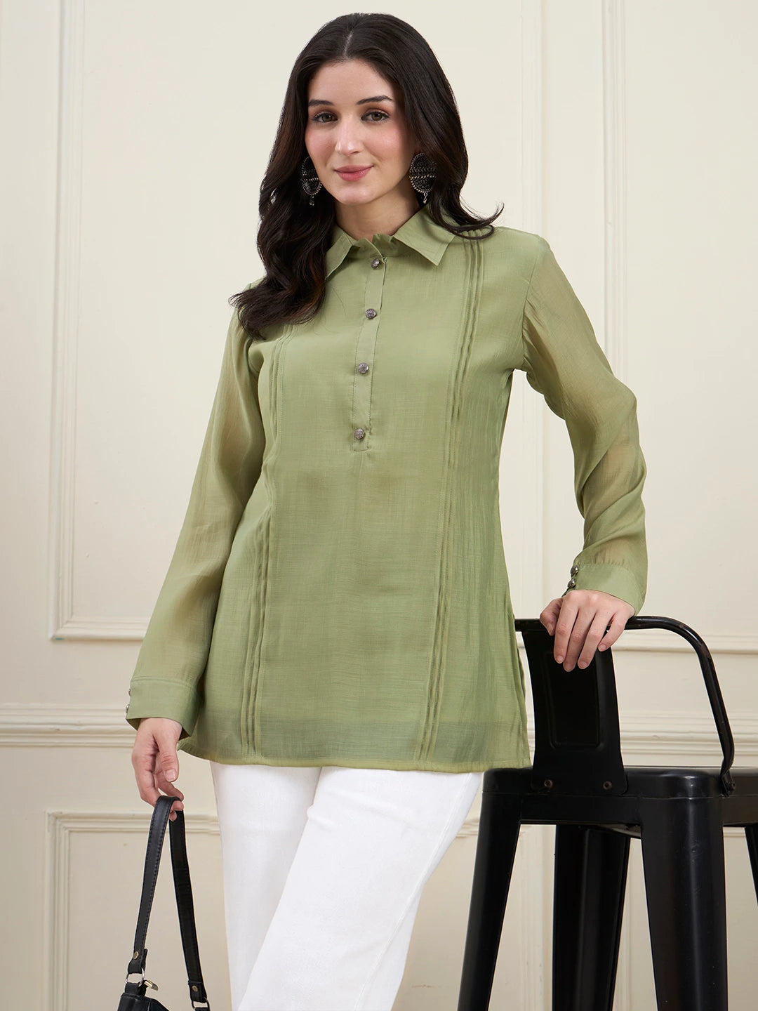Green Mul Chanderi Pintuck Style Shirt