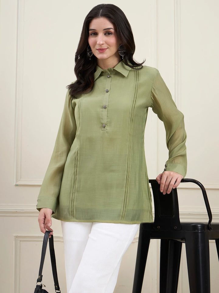 Green Mul Chanderi Pintuck Style Shirt