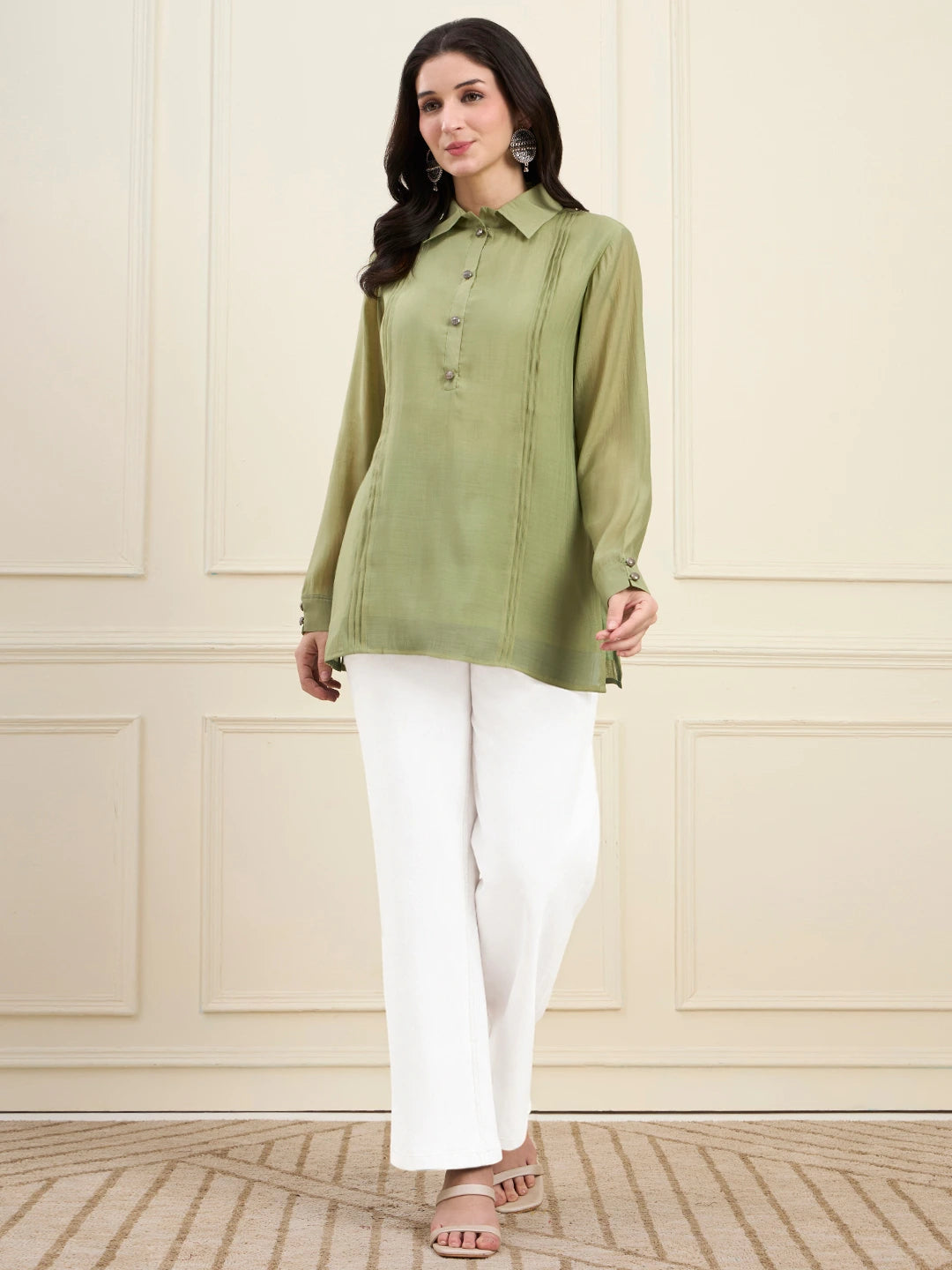 Green Mul Chanderi Pintuck Style Shirt
