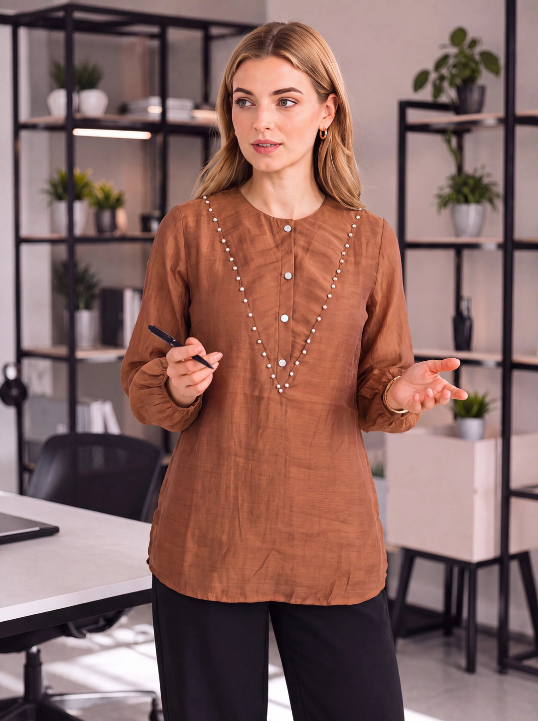 Brown Mul Chanderi Puff Sleeve Style Shirt